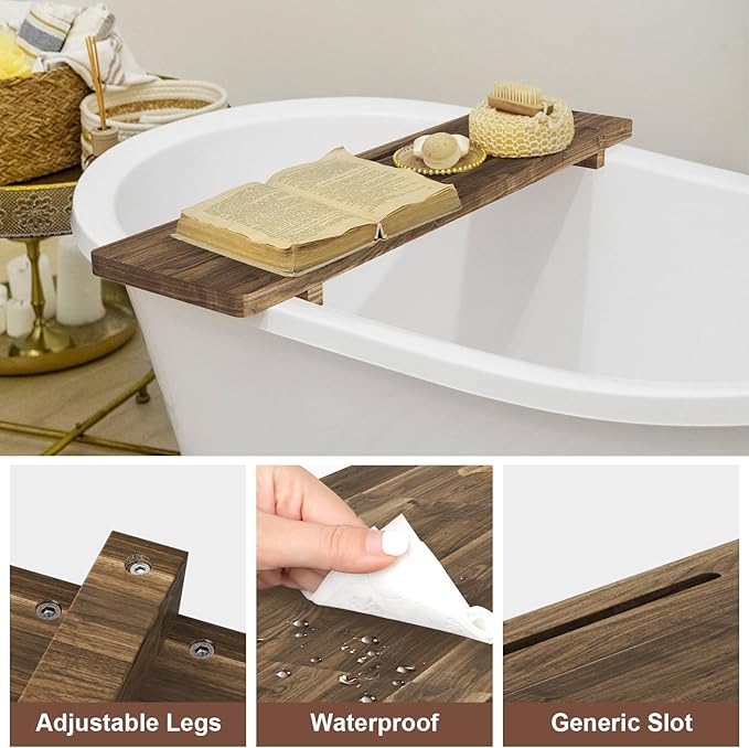 Premium Bathtub Tray, Large & Thick Bath Tub Tray, Solid Acacia Wood Bath Tray for Tub, Bathtub Tray Caddy with Adjustable Legs, Anti-Tipping, Bathtub Accessories, Fits Most Bath Tubs, Idea for Women