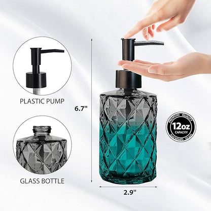 11oz Glass Soap Dispenser with Plastic Pump, Clear & Black Diamond Design Refillable Hand Soap Dispenser for Hand Wash and Dish Wash for Dishwashing Liquid, Lotion Shower Gel