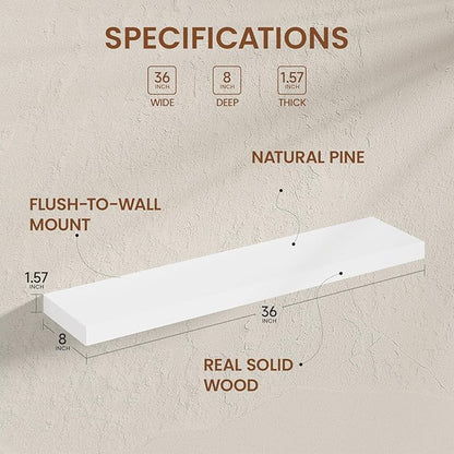Heimlove 36 inch Floating Shelves for Wall,2 Packs Natural Pine Solid Wood Floating Shelves, 8 inches Deep Wooden Shelves for Kitchen Bedroom Office & Living Room Display Wall Decor