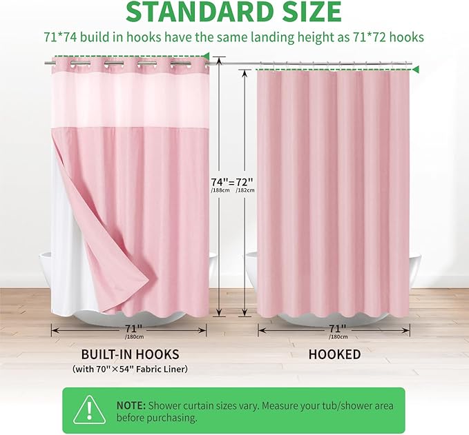 No Hooks Needed Linen Textured Shower Curtain with Snap-in Fabric Liner Set,Hotel Luxury Decor Shower Curtains for Bathroom with Mesh Top Window,Waterproof & Washable,71Wx74H,Pink