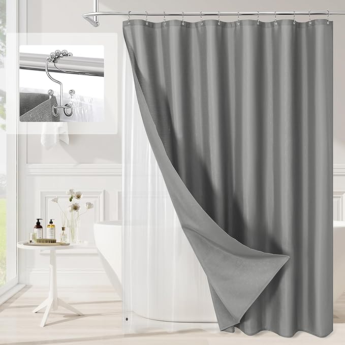 MitoVilla 3 in 1 Shower Curtain Set, Grey Boho Farmhouse Linen Textured Bath Curtain and Clear PEVA Liner Set with 12 Double Sided Steel Hooks, Waterproof Fabric Hotel Bathroom Curtain - 72x72
