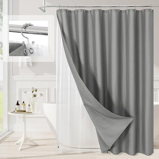 MitoVilla 3 in 1 Shower Curtain Set, Grey Boho Farmhouse Linen Textured Bath Curtain and Clear PEVA Liner Set with 12 Double Sided Steel Hooks, Waterproof Fabric Hotel Bathroom Curtain - 72x72
