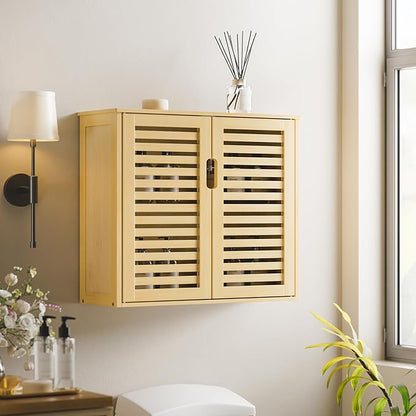HITNET Bathroom Wall Cabinet, Medicine Cabinet Over The Toilet, Bamboo Hanging Storage Organizer with 2 Doors and Adjustable Shelf for Kitchen, Living Room, Natural