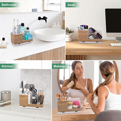 Toothbrush Holders for Bathrooms Countertop Organizer and Storage, Kids Electric Toothbrush and Toothpaste Holder, Bathroom Accessories Vanity Organizer (Wood Grain)