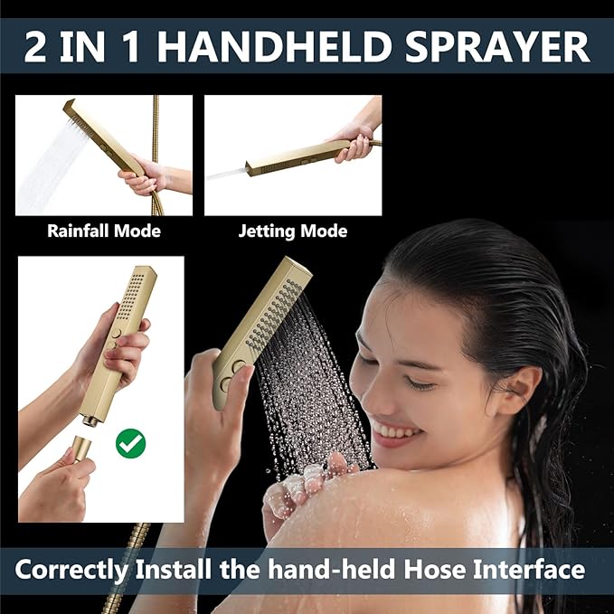Aolemi Shower Faucet Set Ceiling Mount Shower System Rough-in Valve and Shower Trim Kit 10 and 6 Inch Dual Shower Head 2 in 1 Handheld Spray Push Button Diverter Brushed Gold