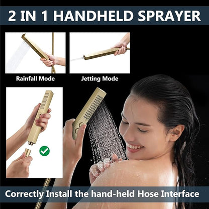 Aolemi Shower Faucet Set Ceiling Mount Shower System Rough-in Valve and Shower Trim Kit 10 and 6 Inch Dual Shower Head 2 in 1 Handheld Spray Push Button Diverter Brushed Gold