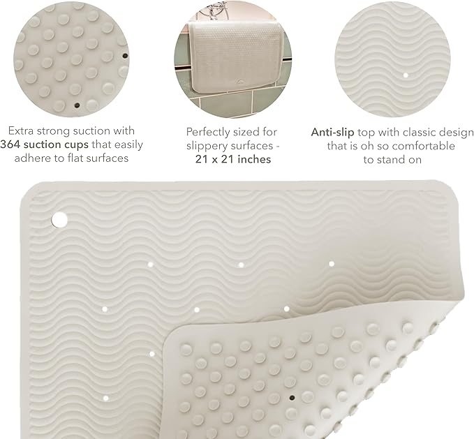 HEVEA Natural Rubber Wave Bath Mat – Square 21x21 in - Non-Slip Shower & Bathtub Mat with 364 Suction Cups, Plastic-Free & Biodegradable (Marble)