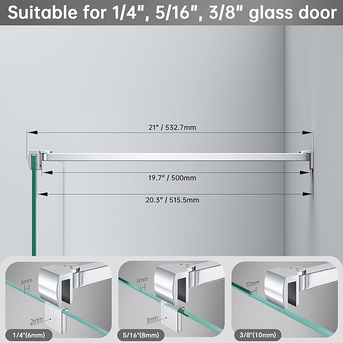 Frameless Shower Door Support Bar, Stainless Steel Wall-to-Glass Support Arm to Fixed Shower Glass Panel, for 1/4"-3/8" (6-10 mm) Door, 180° Pivot & Stow-Flat Mode (Chrome, 19.7-inch(500mm))