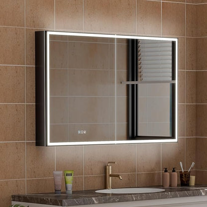 WELLFOR 48" X 30" LED Mirrored Medicine Cabinet, Medicine Cabinets with Lights for Bathroom, Defogging Function Mirror Cabinet, Bathroom Medicine Cabinet with USB Port & Outlet, Double Opening Doors