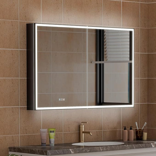 WELLFOR 48" X 30" LED Mirrored Medicine Cabinet, Medicine Cabinets with Lights for Bathroom, Defogging Function Mirror Cabinet, Bathroom Medicine Cabinet with USB Port & Outlet, Double Opening Doors