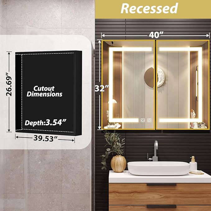 APRILSOUL 40X32 Inch Gold Bathroom Medicine Cabinet with Mirror, Recessed or Surface Lighted Medicine Cabinet with 3 Colors Temperature, Dimmable Light