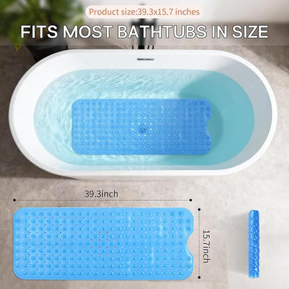 Anti-Slip Bathtub Shower mat, 39.3×15.7 inch（Approximately 100 × 40cm） Soft Oversized Machine Washable Non-Slip Bathtub mat with Drainage Holes, Bathroom Floor Suction Cup.（1-Clear Blue）