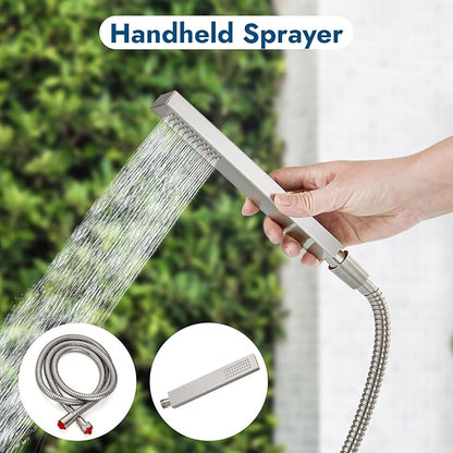 Wall Mounted Outdoor Shower Set Brushed Nickel 6 Inch Square Rainfall Shower Head with Hand Held Spray Double Cross Handles with Adjustable Slide Bar Exterior Dual Function Shower Kit