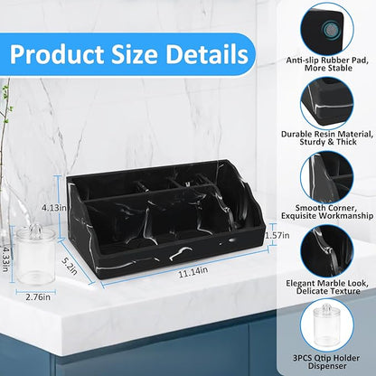 Marble Bathroom Countertop Organizer, Black Toothbrush Holders for Bathrooms Counter Organizer with 3PCS Qtip Dispenser, Toothbrush and Toothpaste Holder for Bathroom Organization Vanity Storage