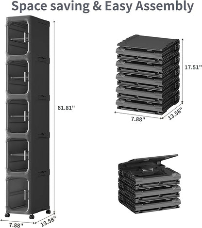 KHNR 5-Tiers Slim Bathroom Storage Cabinet, Foldable Storage Cabinets,Narrow Bathroom Storage,Movable Bathroom Storage Organizer for Small Spaces,Bathroom,Kitchen,Laundry,Black