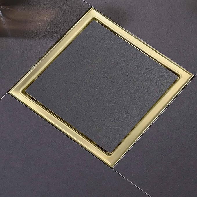 4 Inch Square Shower Floor Drain, Shower Drain Kit with Flange and 2 in 1 Tile-Insert Cover, Square Shower Drain, SUS 304 Stainless Steel Floor Drain,Brushed Gold