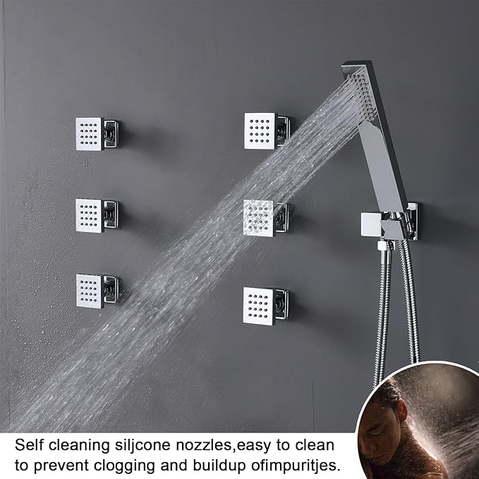 Thermostatic Shower System Chrome Shower Faucet Set, Four Modes Shower Faucet with 4 PCS Body Jet, Handheld Spray, 2 Rainfall Shower Head(12+8“)