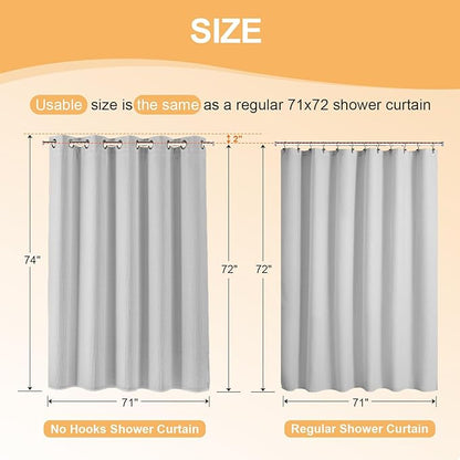River Dream Grey Cotton Blend Shower Curtain with Snap in Liner, No Hook Heavy Duty Shower Curtains for Bathroom, Hotel Grade, Water Repellent, 71" Wx74 L