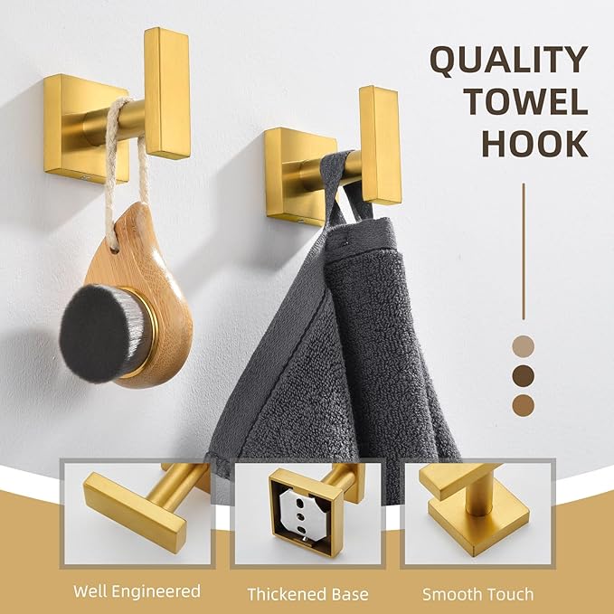 Angle Simple Towel Hooks for Bathroom, SUS 304 Stainless Steel Square Robe Coat Wall Hooks, Hand Towel Holder, Brassy Gold, 2 Pack