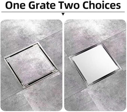 6-Inch Square Shower Drain Kit with Tiled Insert Grate, Brushed Stainless Steel Cover, PVC Bonding Flange & Hair Strainer, Fits 2" & 3" Pipes for Tiled Floors