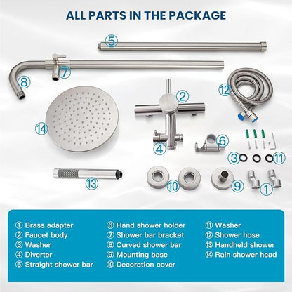 gotonovo SUS304 Outdoor Shower Fixture High Pressure Shower System Wall Mount 2 Dual Function Single Handle Shower Kit with 8 Inch Shower Head and Handheld Spray Shower Faucet Combo, Brushed Nickel