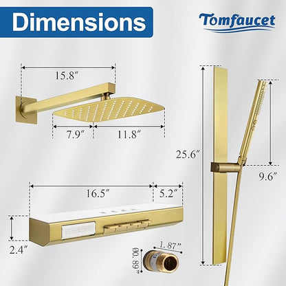 Brushed Gold 12" Rainfall Shower System with Handheld & Body Jets, Wall-Mounted Rain Shower Kit with Slide Bar Combo, Pressure-Balanced Valve with Tempered Glass Shelf & Waterfall Spout Shower Set