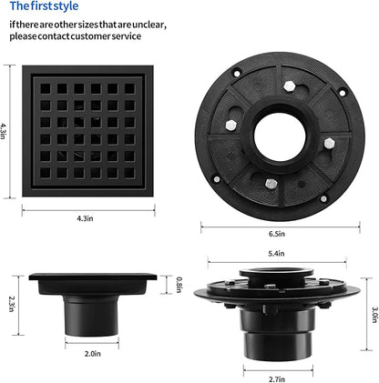 Shower Drain, Matte Black 4 inch Square Shower Floor Drain with Flange, Removeable Grid Panel SUS 304 Stainless Steel Square Shower Drain
