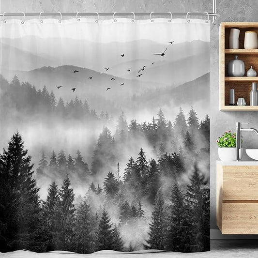 Riyidecor Mountain Shower Curtain 60Wx72H Inch Black Pine Tree Nature Scenery Woodland Landscape Rustic Mens Bathroom Decor Fabric Polyester Waterproof 12 Pack Hooks