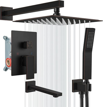 gotonovo Shower System with Tub Spout Wall Mounted Rain Shower Head and Handle Combo Shower Faucet Set with Valve, 12 Inch, Oil Rubbed Bronze