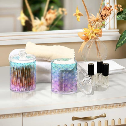 MNSRUU 4 Pack Qtip Holder Organizer Dispenser Pink Blue Mermaid Scales Bathroom Containers Bathroom Vanity Storage Canister Apothecary Jars for Cotton Swabs/Pads/Floss