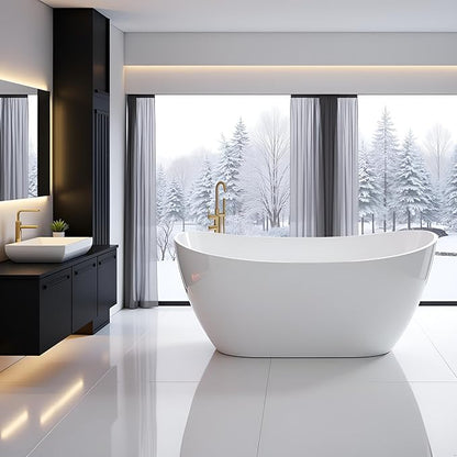60" Acrylic Freestanding Bathtubs, High-back Stand Alone Tub, Soaking Tubs for Bathroom, Integrated Overflow and Drain, cUPC Certified, Gloss White
