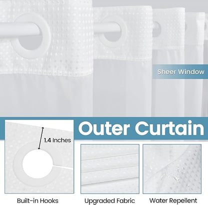 Stall No Hook Shower Curtain with Snap in Liner,230GSM Waffle Weave Shower Curtains for Bathroom,60W x 74H,White