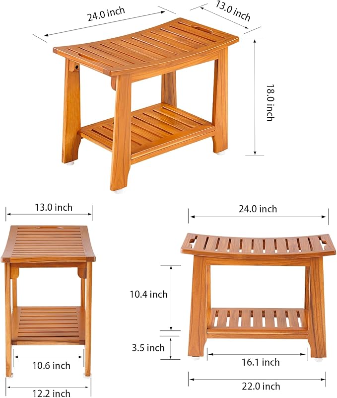 24" Large Teak Shower Bench with Shelf & Handle - Waterproof Spa Stool, Non-Slip Leveling Feet & 300 lbs Capacity - for Showers, Saunas/Steam Rooms & Outdoor Pools (Patented)
