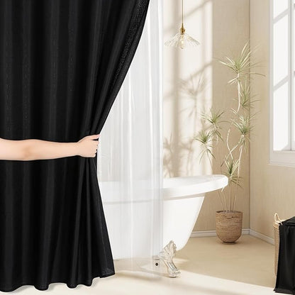 MitoVilla 3 in 1 Shower Curtain Set, Black Boho Farmhouse Linen Textured Bath Curtain and Clear PEVA Liner Set with 12 Double Sided Steel Hooks, Waterproof Fabric Hotel Bathroom Curtain - 72x72