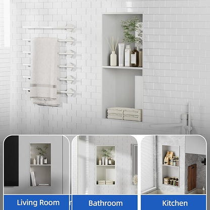 Bathbliss Shower Niche, No‑Tile Recessed Wall Niche, 11.18"x22.3" SUS304 Stainless Steel Double Shelf, Leak‑Proof Waterproof for Bathroom Storage, White