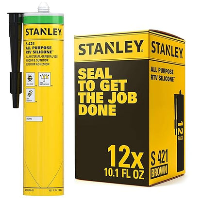 Stanley S421 All-Purpose RTV Silicone Sealant (12 x 10.1 fl.oz.) – 100% Waterproof Brown Caulk | Industrial-Grade Silicone for Kitchen, Bathroom, Shower, Window, Door, Indoor & Outdoor Use | 12 Pack
