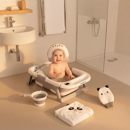 VASTIO™ 6-in-1 Collapsible Baby Bathtub Set – Foldable Baby Bath Tub for Newborn to Toddler, Portable Baby Bath Set with Cushion, Cap, Sponge, Rinse Cup & Towel – All-in-One Baby Bathing Essentials