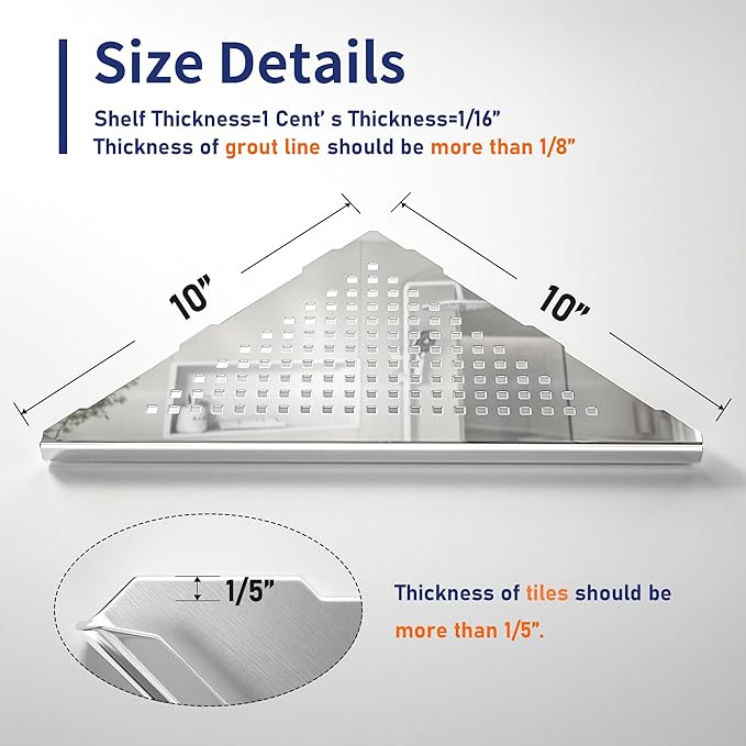 Corner Shower Shelf, 10" Polished 304 Stainless Steel Recessed Shelves for Bathroom, Grout in Shelf Racks for Tiled Wall, 2 Pack