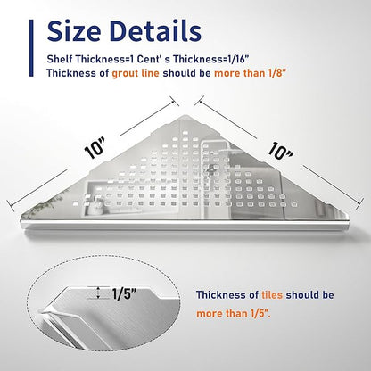 Corner Shower Shelf, 10" Polished 304 Stainless Steel Recessed Shelves for Bathroom, Grout in Shelf Racks for Tiled Wall, 2 Pack