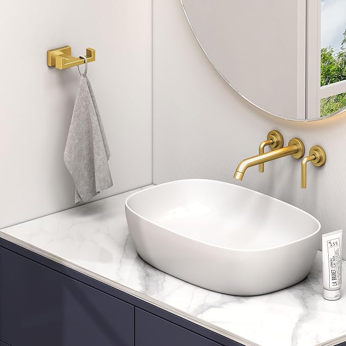 Angle Simple Towel Hook for Bathroom, SUS 304 Stainless Steel Hand Towel Holder, Double Robe Coat Hook for Wall, Brassy Gold