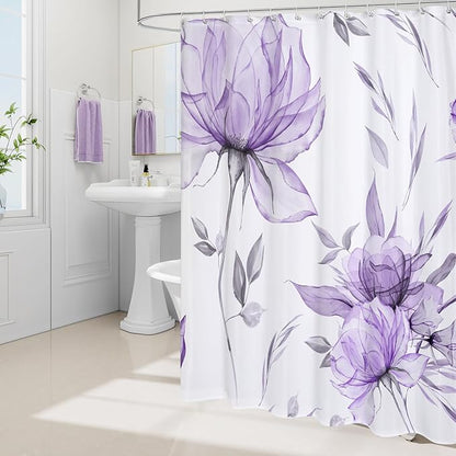 Purple and Grey Boho Watercolor Floral Shower Curtain, Ink Painting Style Blossom & Leaf Shower Curtains for Chic Elegant Bathroom, Artistic Fabric Cloth Flower Shower Curtain, 72x72