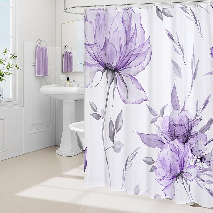 Small Stall Boho Watercolor Floral Shower Curtain 36 x 72, Purple and Grey Ink Painting Style Flower Shower Curtains for Chic Elegant Bathroom, Artistic Narrow Half Size Shower Curtain