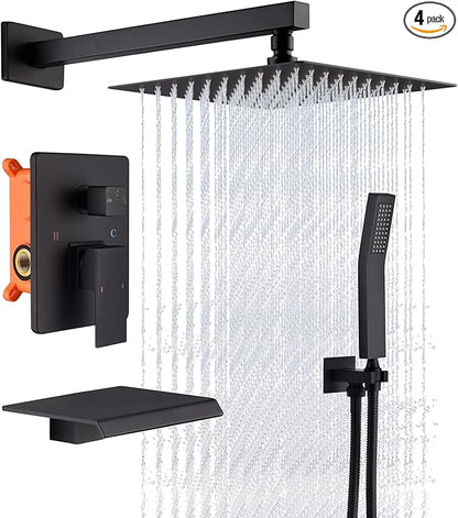 Shower System Bathtub Shower Faucet Set with Tub Spout, Matte Black 10" Shower Head Hand Held Bathroom Rain Mixer Tub Shower Combo Set Wall Mounted with Valve