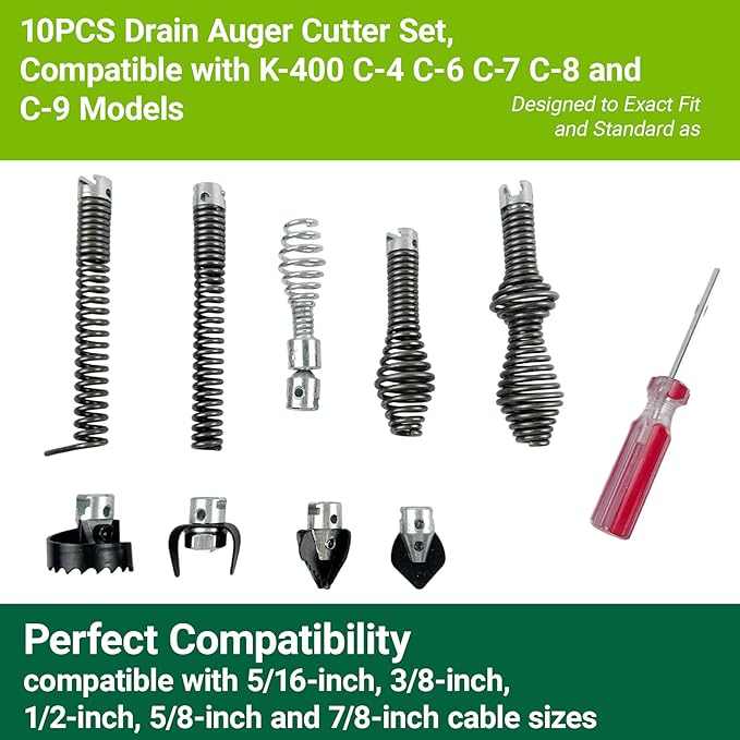 10PCS Drain Auger Cutter Set, Drain Snake Attachments Kit Drain Cleaning Attachment Compatible with K-400 C-4 C-6 C-7 C-8 and C-9 Models, Fit for 5/8" Port Heavy-Duty Cables Includes Cutting Tools