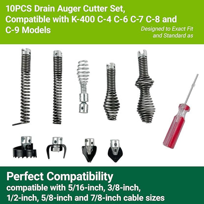 10PCS Drain Auger Cutter Set, Drain Snake Attachments Kit Drain Cleaning Attachment Compatible with K-400 C-4 C-6 C-7 C-8 and C-9 Models, Fit for 5/8" Port Heavy-Duty Cables Includes Cutting Tools