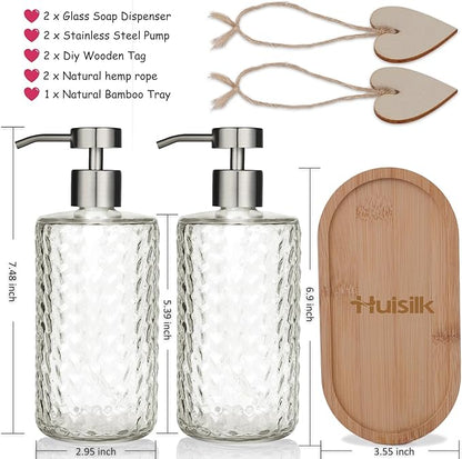 Glass Soap Dispenser Set with Bamboo Tray - 2 Pack 16 Oz Arrow Embossed Refillable Bottles with Silver Rustproof Stainless Steel Pump for Hand Dish in Farmhouse Modern Bathroom Kitchen (Clear)