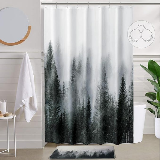 ORTIGIA 54x78 Misty Forest Stall Shower Curtain for Small Bathroom, Dark Green Narrow Nature Woodland Curtain Set with Hooks, Waterproof Fabric Pine Tree Fog Magic Home Bath Curtain