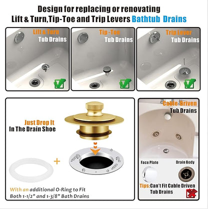 Artiwell Bath Tub Drain Trim Set Conversion Kit Assembly, with Easy Installation Lift and Turn Twist Bathdrain Stopper and Two Holes Tub Drain Overflow Faceplate, Fit Most Bath Drains, Brushed Gold