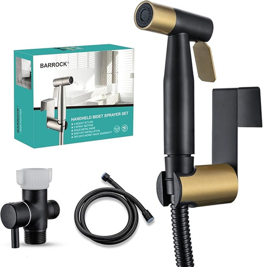 BARROCK Handheld Bidet Sprayer for Toilet, Stainless Steel Metal Made Baby Cloth Diaper Spraying Kit, Bathroom Toilet Bidet Attachment Set for Bathing Pets and Feminine Washing,Matte Black and Gold
