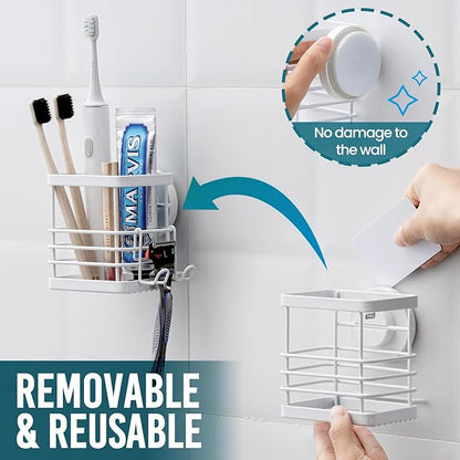 TAILI Patented Suction Cup Toothbrush Holder, Stainless Steel Anti-Puddling Toothbrush Shower Holder, No Drilling Removable Organizer for Bathroom Toothpaste, Razor, Kitchen and Office Items, White